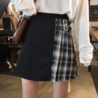 Plaid Panel Mini A-line Pleated Skirt