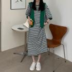 Short-sleeve Striped Midi T-shirt Dress / Knit Shawl