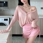 Open-placket Long Sleeve Oversized T-shirt / High Waist Drawstring Mini Skirt
