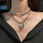Heart Pendant Faux Pearl Layered Choker Necklace White Faux Pearl - Silver - One Size