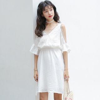 Frilled Elbow-sleeve Cold Shoulder Dress