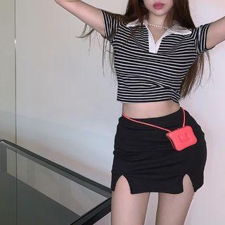 Short-sleeve Striped Polo Shirt / Pencil Skirt