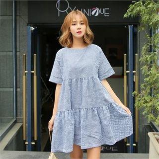Short-sleeve Gingham Tiered Mini Empire Dress