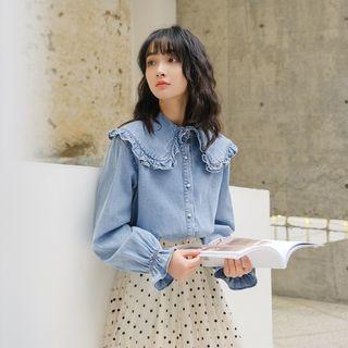 Long-sleeve Frill Trim Wide Collar Denim Shirt