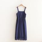 Spaghetti Strap Perforated Lace Panel Midi A-line Dress Navy Blue - One Size