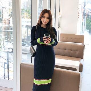 Crew-neck Color-block Rib-knit Dress
