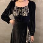 Long-sleeve Square-neck Lace Panel A-line Dress