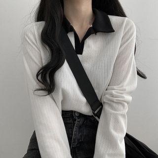 Ribbed Long-sleeve Cropped Polo Shirt