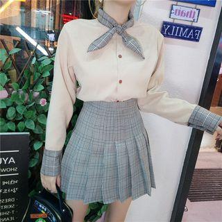 Bow-accent Shirt + Pleated Skirt