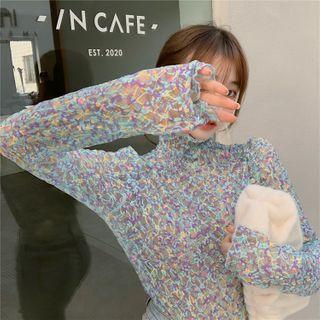 Long-sleeve Print Turtleneck Knit Top