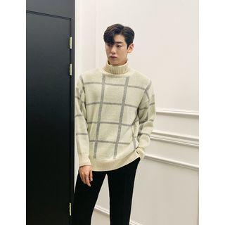 Turtle-neck Checked Wool Blend Sweater