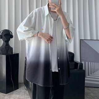 Elbow-sleeve Gradient Floral Embroidered Shirt