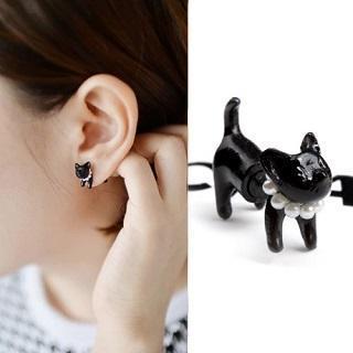 Double-stud Cat Single Earring Black - One Size