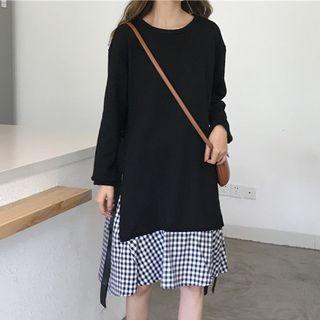 Mock Two Piece Plaid Hem Long Sleeve Midi Dress