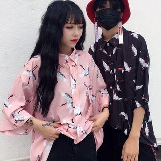 Couple Matching Elbow-sleeve Crane Print Shirt