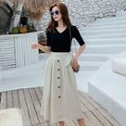 Short-sleeve Knit Top / Buttoned Midi A-line Skirt