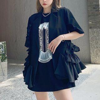 Elbow-sleeve Ruffled One-button Blazer