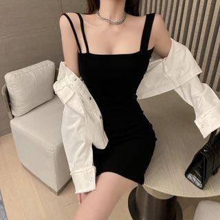 Spaghetti-strap Mini Sheath Dress / Single-breasted Jacket