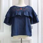 Embroidered Frill Trim Short-sleeve Top