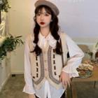 Flower Embroidered Button-up Vest / Flared-cuff Peter Pan-collar Shirt