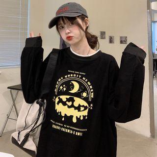 Panel Trim Print Round Neck Sweatshirt