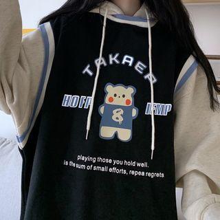 Mock Two-print Bear Print Drawstring Hoodie