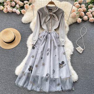 Tied Collar Color Block Knit Top Panel Mesh Embroidered Dress