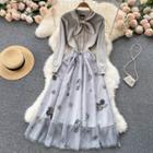 Tied Collar Color Block Knit Top Panel Mesh Embroidered Dress