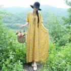 Floral Print Linen Short-sleeve Maxi A-line Dress