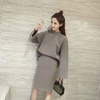 Set: High Neck Long Sleeve Top + Plain Midi Skirt
