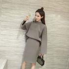 Set: High Neck Long Sleeve Top + Plain Midi Skirt