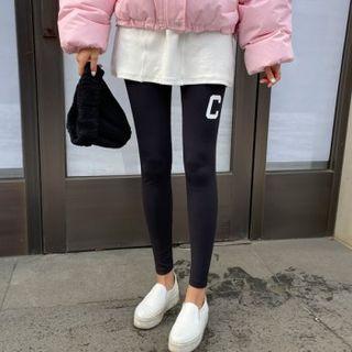 Fleece-lined Letter Leggings Black - One Size
