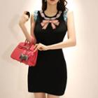 Studded Bow Applique Sleeveless Knit Dress Black - One Size