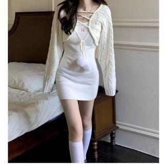 Lace Up Bolero Cardigan / Spaghetti Strap Knit Mini Bodycon Dress