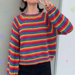Striped Raglan Loose-fit Cropped Sweater As Shown In Figure - One Size