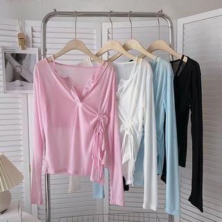 Set: Long-sleeve Plain Light Top + Slim-fit Camisole Top