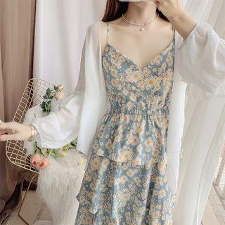 Spaghetti-strap Floral Print Midi A-line Dress / Light Jacket / Set