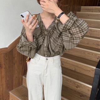 Plaid V-neck Long-sleeve Blouse As Shown In Figure - One Size
