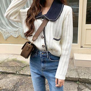 Contrast-collar Button-detail Cardigan
