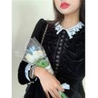 Long-sleeve Lace Velvet Dress Black - One Size