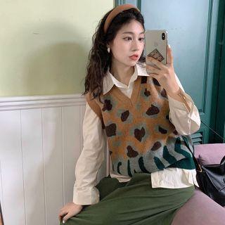 Patterned Sweater Vest Brown & Gray & Green - One Size