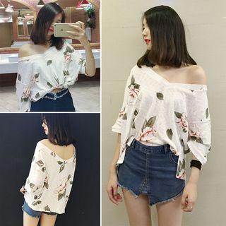 Floral Print V-neck 3/4-sleeve T-shirt