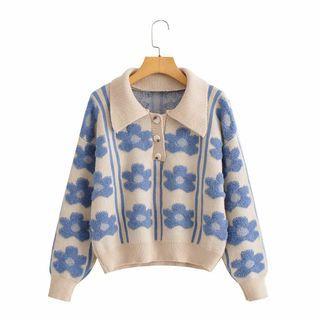 Floral Print Polo-neck Sweater Blue Floral - Beige - One Size