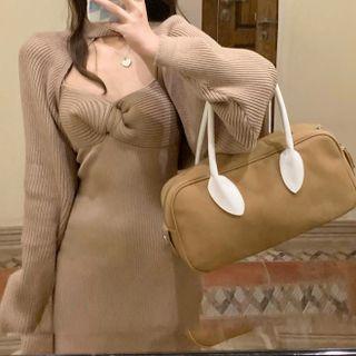 Long-sleeve Plain Knit Cropped Cardigan / Plain Knit Spaghetti-strap Knit Dress