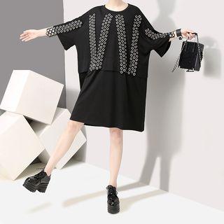 Mock Two-piece Elbow-sleeve Shift Dress Black - One Size