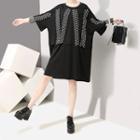 Mock Two-piece Elbow-sleeve Shift Dress Black - One Size