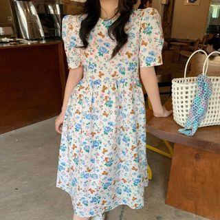 Short-sleeve Flower Print Midi A-line Dress Blue Floral - White - One Size