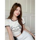 Short-sleeve Skeleton Hand Print Cropped T-shirt White - One Size