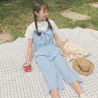 Tie-front Cropped Jumper Pants Sky Blue - One Size