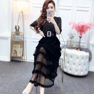Mock Two-piece Lace Trim Short-sleeve Midi A-line Dress